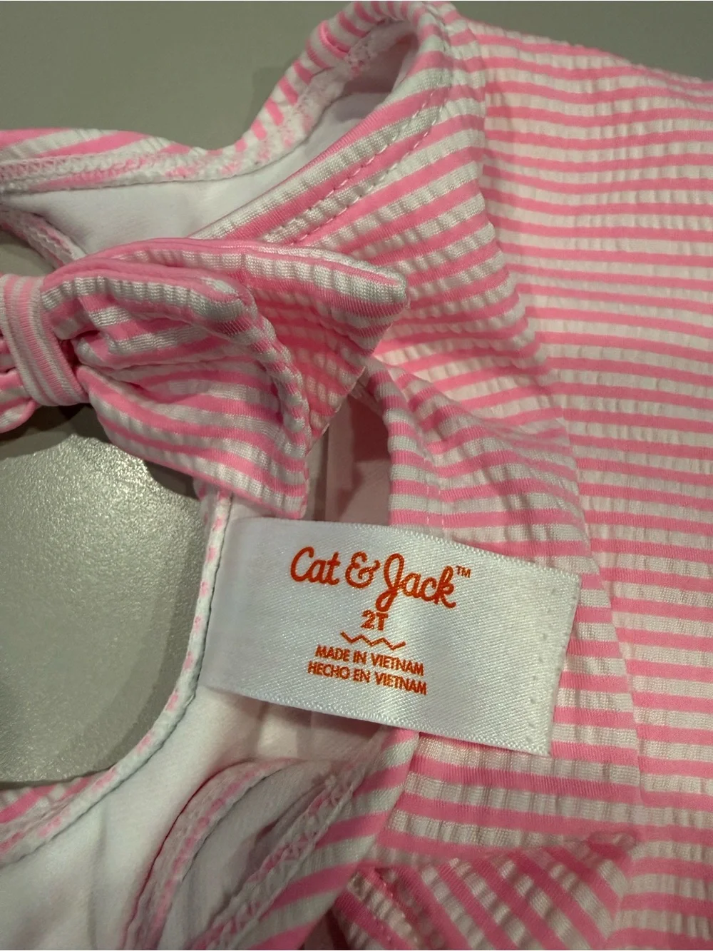 Girls' Cat & Jack Pink Stripe 1 Piece Swimsuit with Shoulder Bow 2T